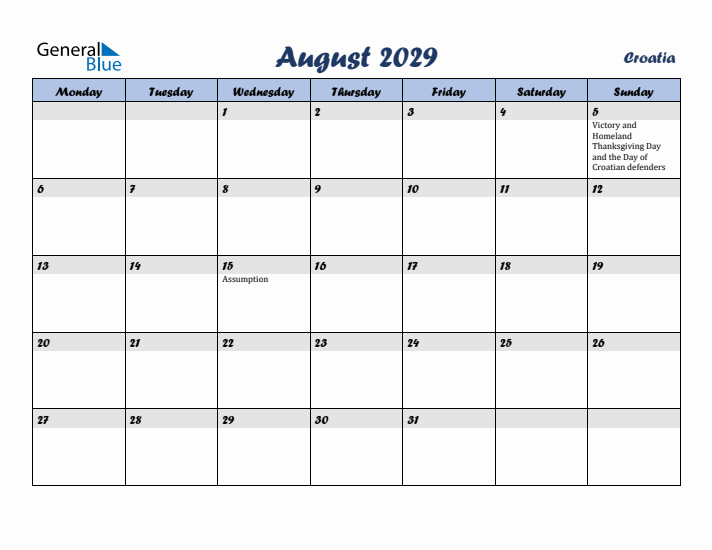 August 2029 Calendar with Holidays in Croatia