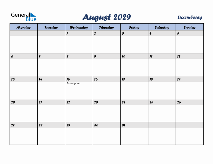 August 2029 Calendar with Holidays in Luxembourg