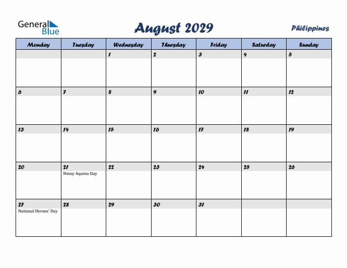 August 2029 Calendar with Holidays in Philippines