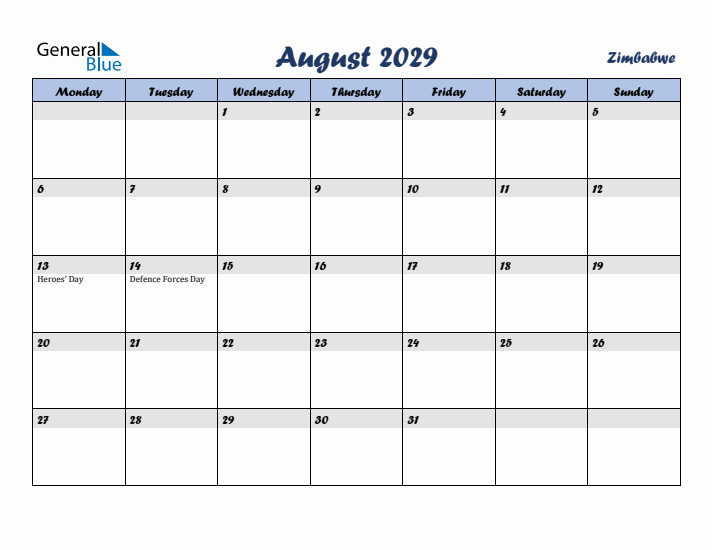 August 2029 Calendar with Holidays in Zimbabwe