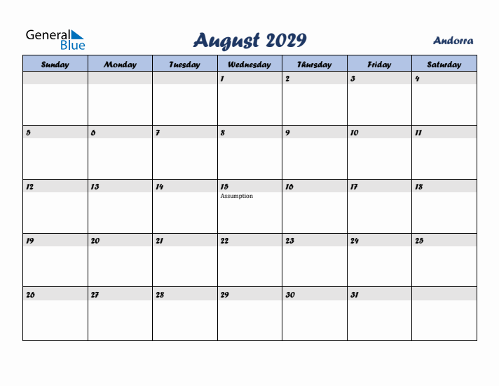 August 2029 Calendar with Holidays in Andorra