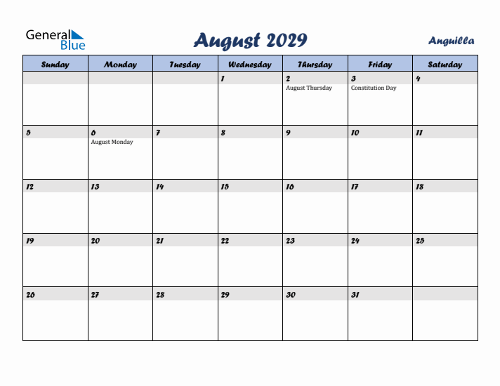 August 2029 Calendar with Holidays in Anguilla