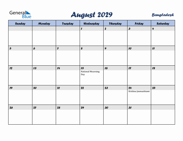 August 2029 Calendar with Holidays in Bangladesh