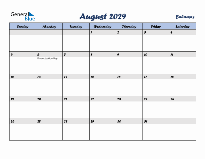 August 2029 Calendar with Holidays in Bahamas