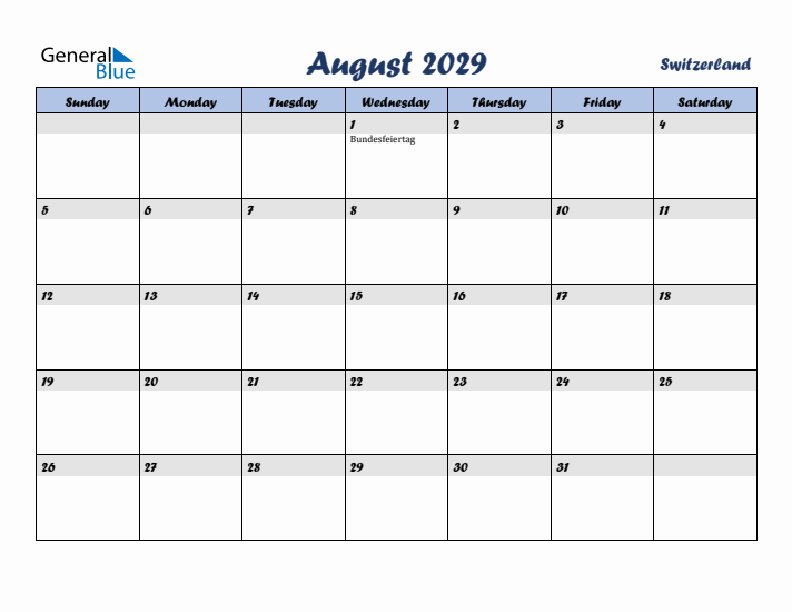 August 2029 Calendar with Holidays in Switzerland