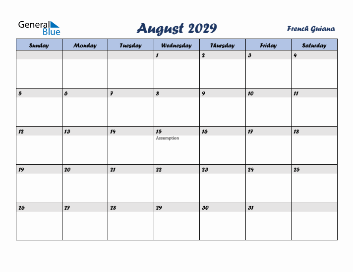 August 2029 Calendar with Holidays in French Guiana