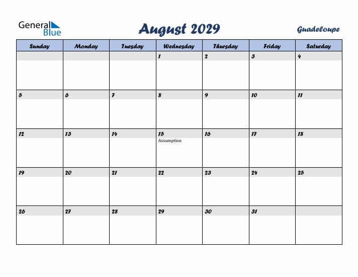 August 2029 Calendar with Holidays in Guadeloupe