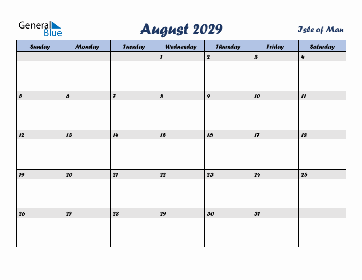 August 2029 Calendar with Holidays in Isle of Man