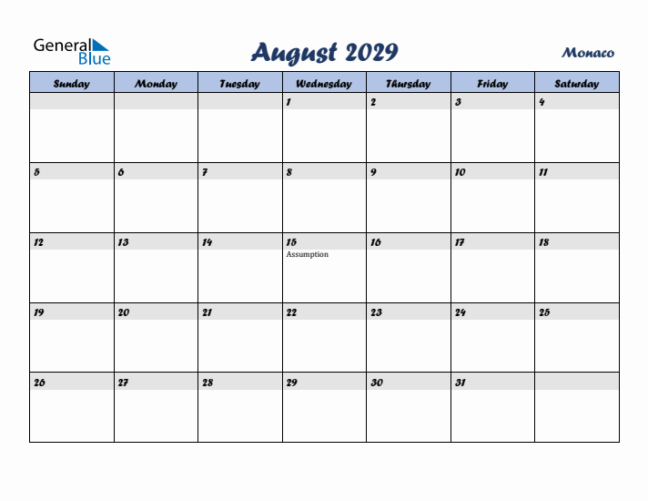 August 2029 Calendar with Holidays in Monaco