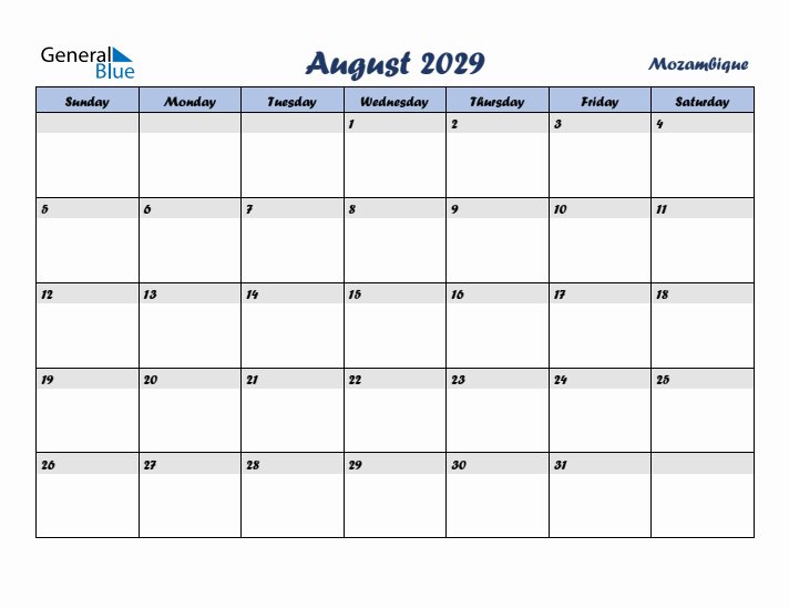 August 2029 Calendar with Holidays in Mozambique