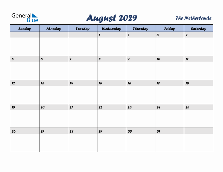 August 2029 Calendar with Holidays in The Netherlands