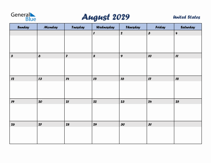 August 2029 Calendar with Holidays in United States