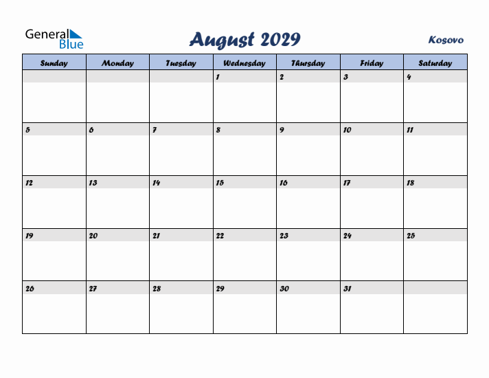 August 2029 Calendar with Holidays in Kosovo