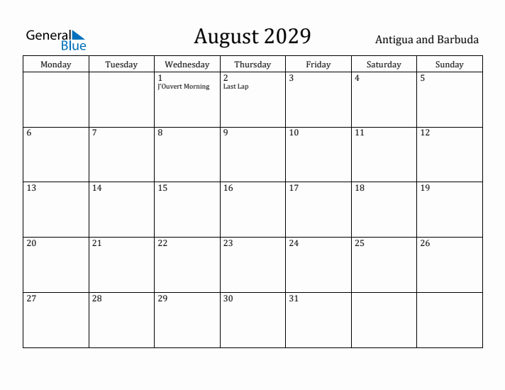 August 2029 Calendar Antigua and Barbuda