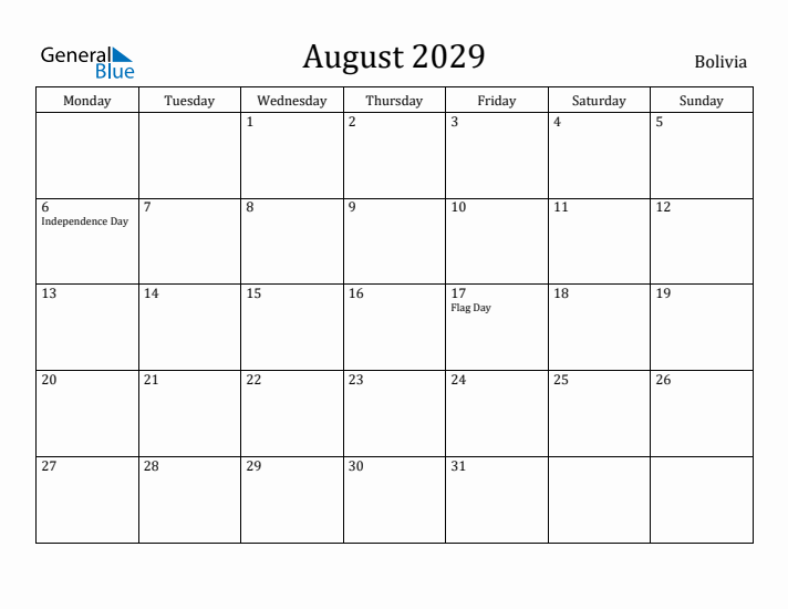 August 2029 Calendar Bolivia