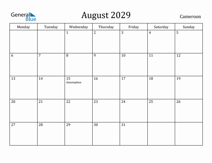 August 2029 Calendar Cameroon