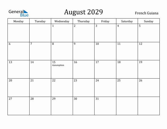 August 2029 Calendar French Guiana