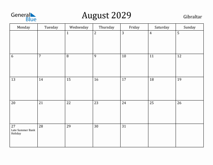 August 2029 Calendar Gibraltar