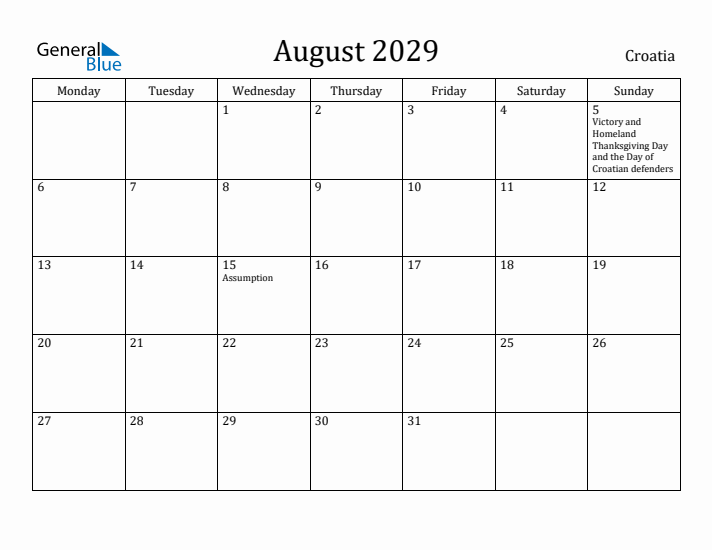 August 2029 Calendar Croatia