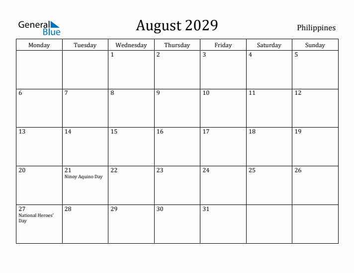 August 2029 Calendar Philippines