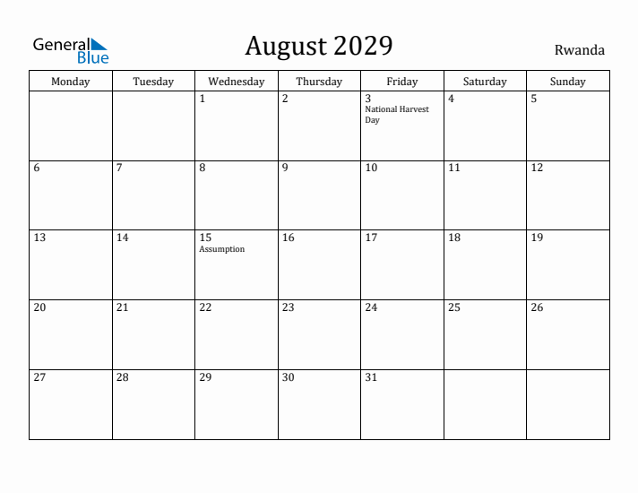 August 2029 Calendar Rwanda