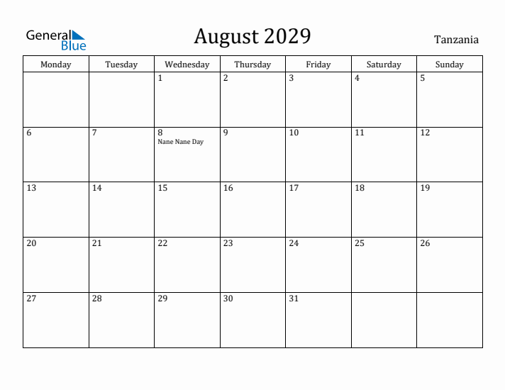 August 2029 Calendar Tanzania