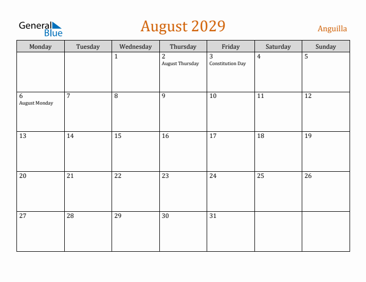 August 2029 Holiday Calendar with Monday Start