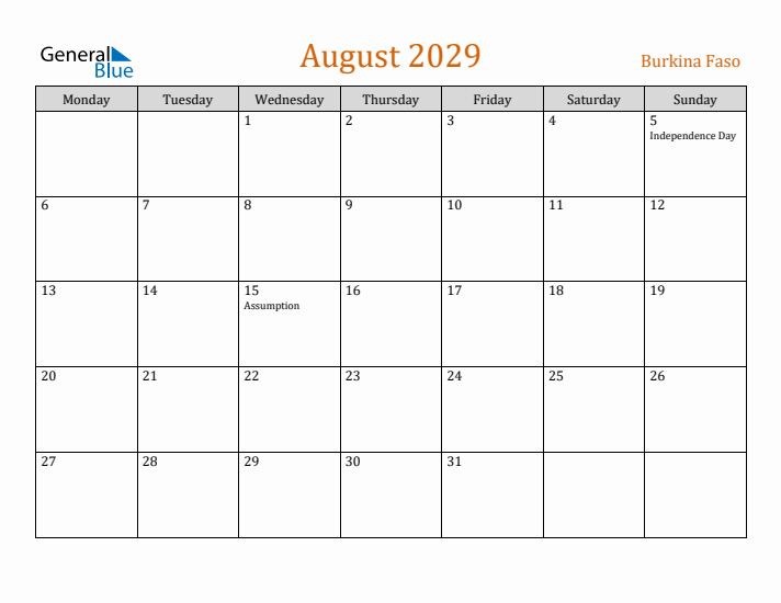 August 2029 Holiday Calendar with Monday Start