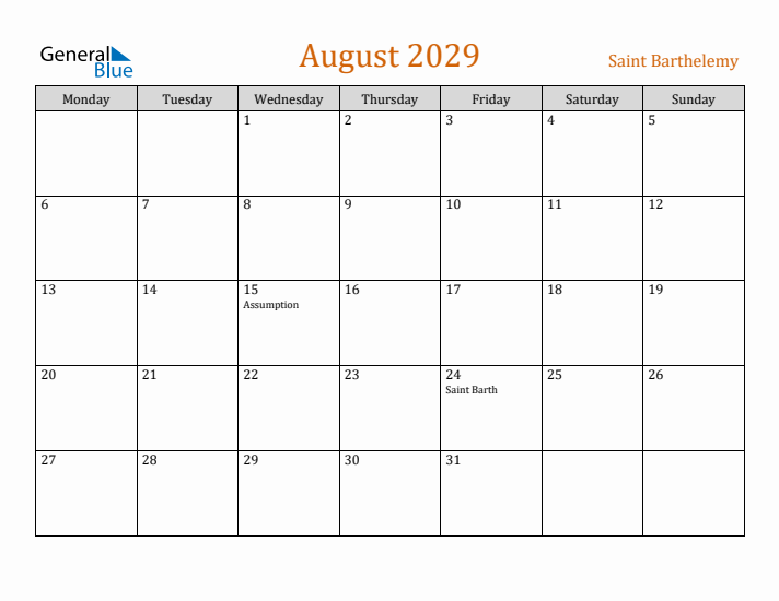 August 2029 Holiday Calendar with Monday Start