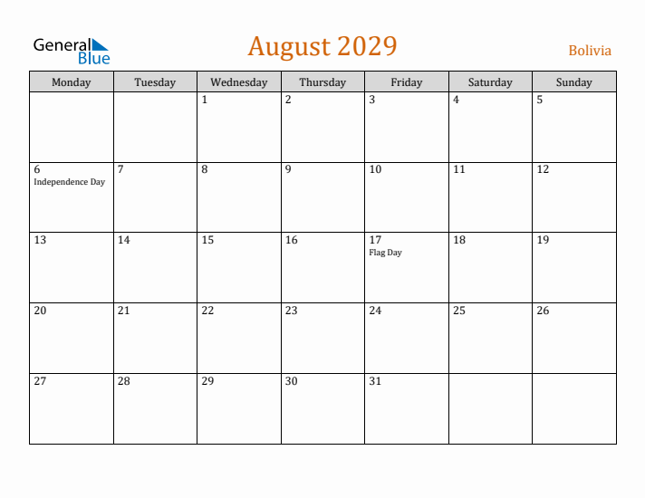 August 2029 Holiday Calendar with Monday Start