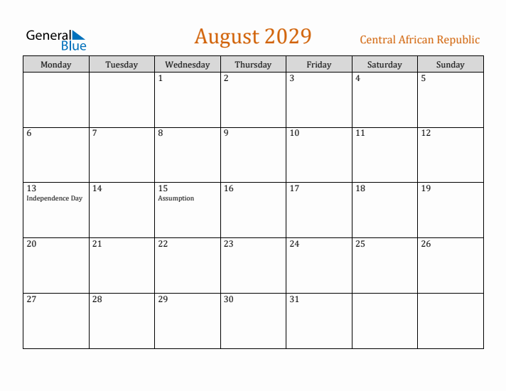 August 2029 Holiday Calendar with Monday Start