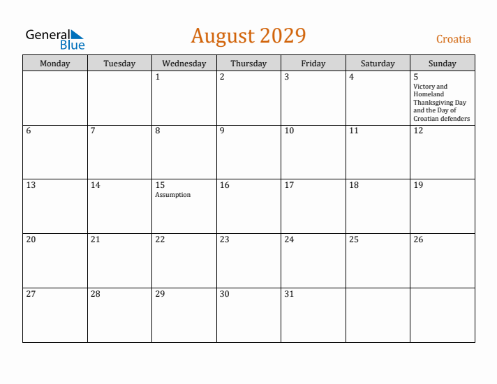 August 2029 Holiday Calendar with Monday Start