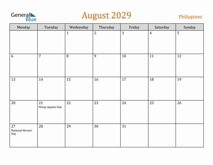 August 2029 Holiday Calendar with Monday Start