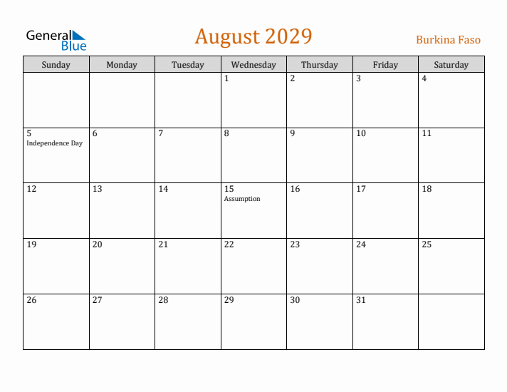 August 2029 Holiday Calendar with Sunday Start