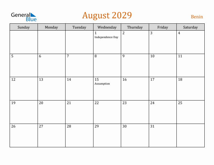 August 2029 Holiday Calendar with Sunday Start