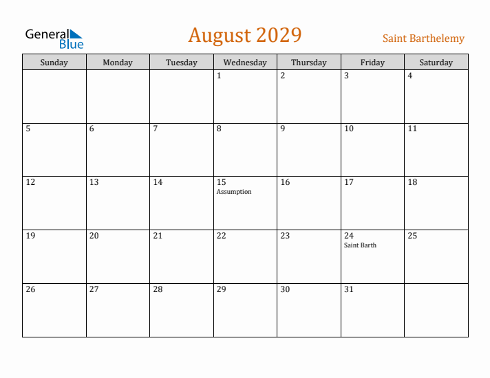 August 2029 Holiday Calendar with Sunday Start