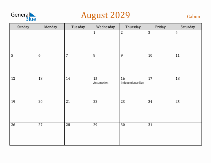 August 2029 Holiday Calendar with Sunday Start