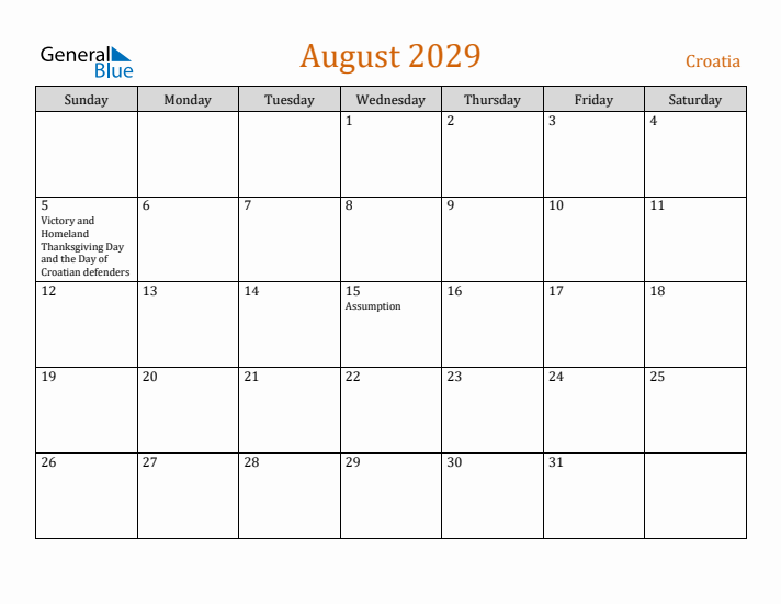 August 2029 Holiday Calendar with Sunday Start