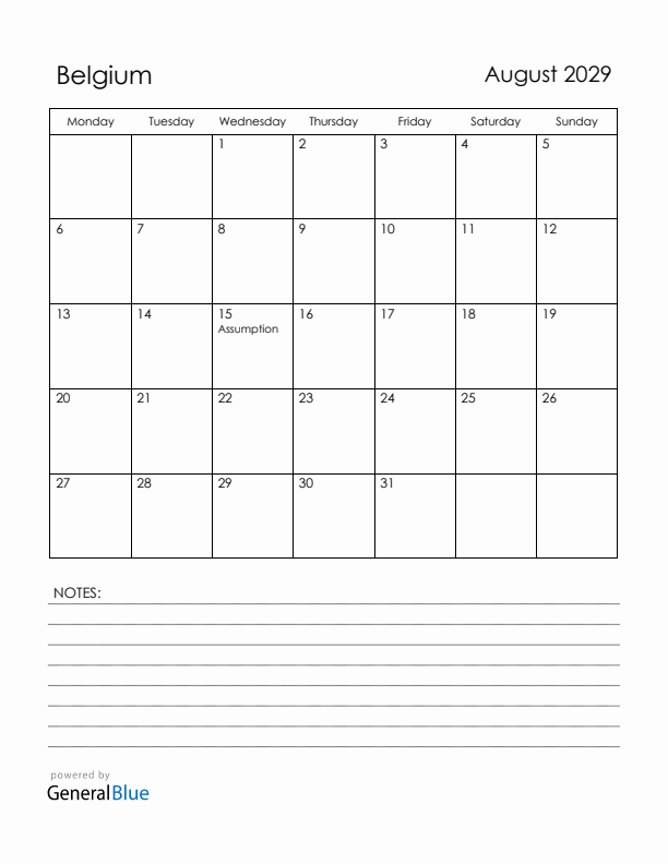 August 2029 Belgium Calendar with Holidays (Monday Start)