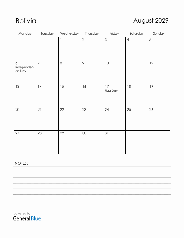 August 2029 Bolivia Calendar with Holidays (Monday Start)