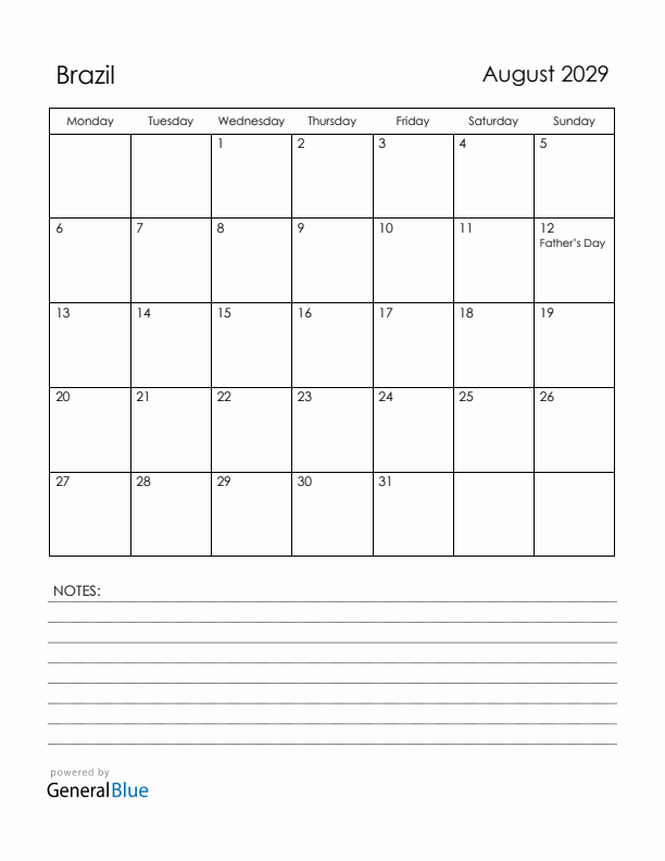 August 2029 Brazil Calendar with Holidays (Monday Start)