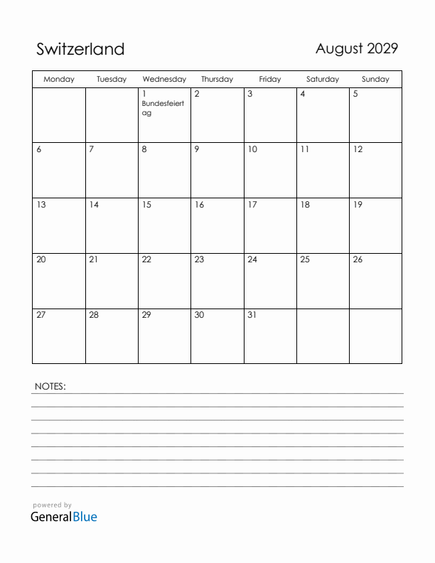 August 2029 Switzerland Calendar with Holidays (Monday Start)