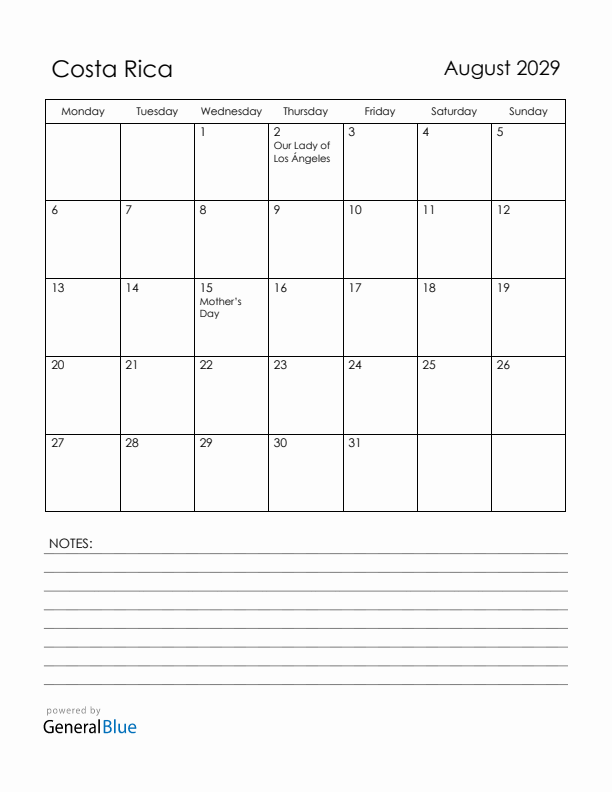 August 2029 Costa Rica Calendar with Holidays (Monday Start)