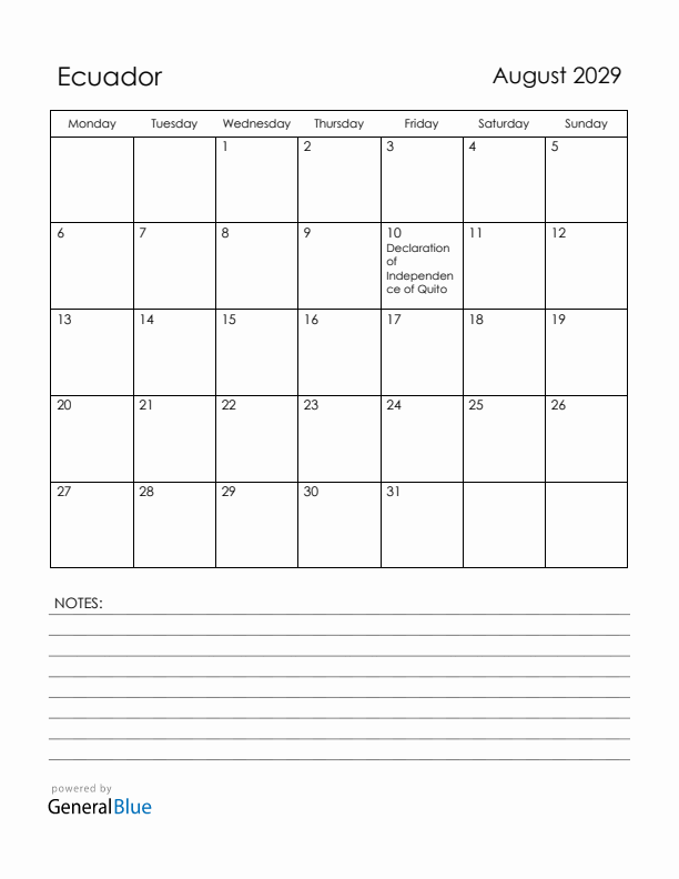 August 2029 Ecuador Calendar with Holidays (Monday Start)