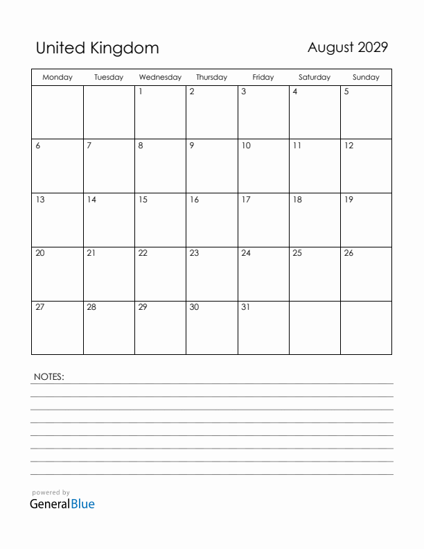 August 2029 United Kingdom Calendar with Holidays (Monday Start)