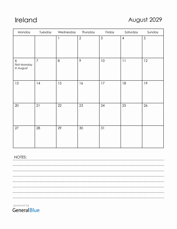 August 2029 Ireland Calendar with Holidays (Monday Start)