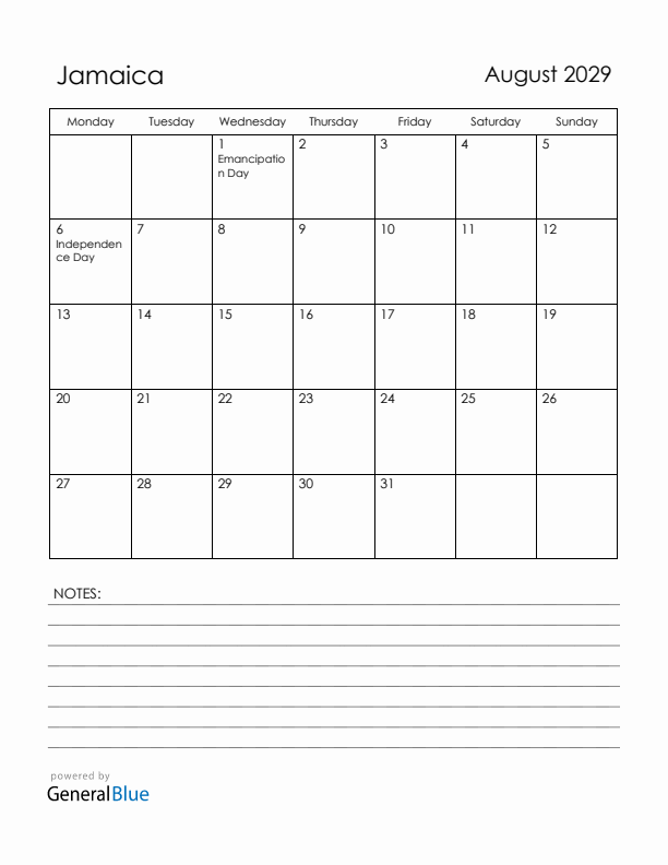 August 2029 Jamaica Calendar with Holidays (Monday Start)