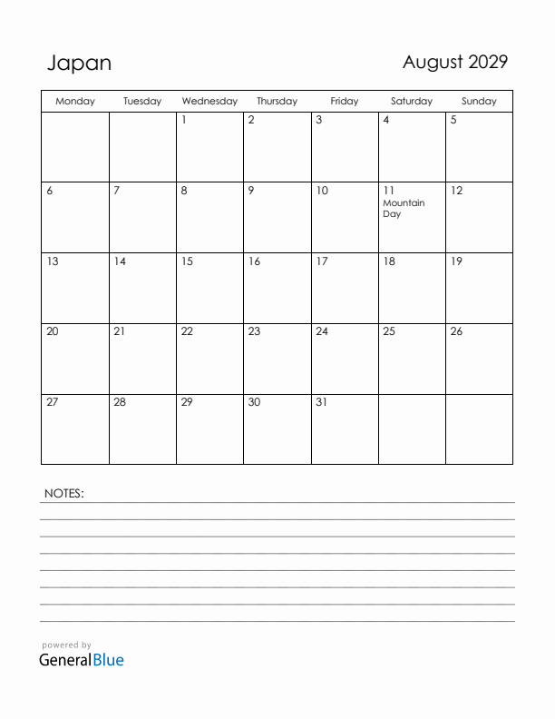 August 2029 Japan Calendar with Holidays (Monday Start)