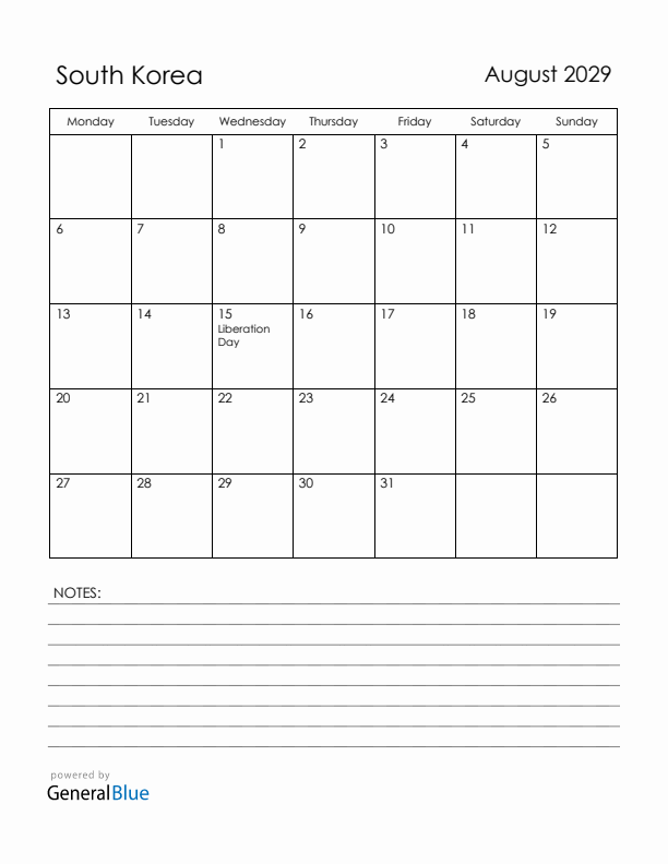 August 2029 South Korea Calendar with Holidays (Monday Start)