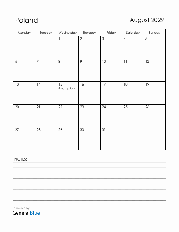 August 2029 Poland Calendar with Holidays (Monday Start)